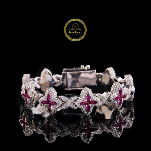 Luxury Ruby Flower Lab Diamond Bracelet – Iced Out Floral Design, Elegant Statement Jewelry