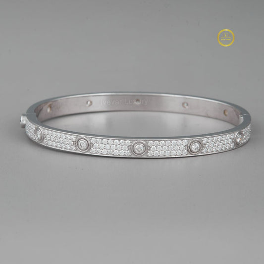 Round Cut Pave Moissanite Diamond Screw Motif Hinged Bangle Bracelet