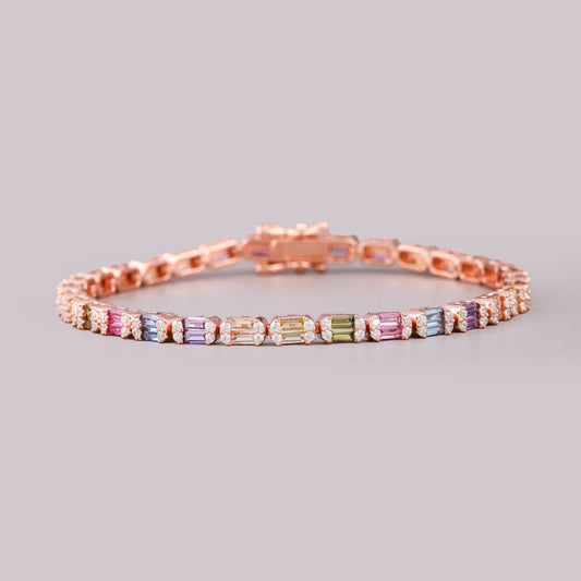 Rainbow Emerald Cut East-West Gemstone Halo Tennis Bracelet
