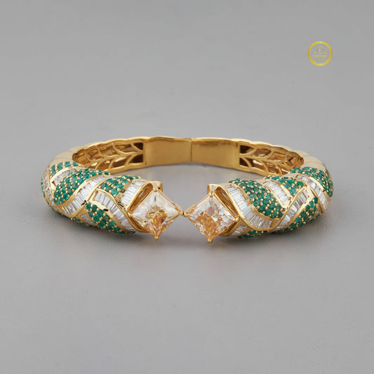 Emerald Cut Lab Grown Diamond Crossover Hinged Bangle with Green Pave Bracelet