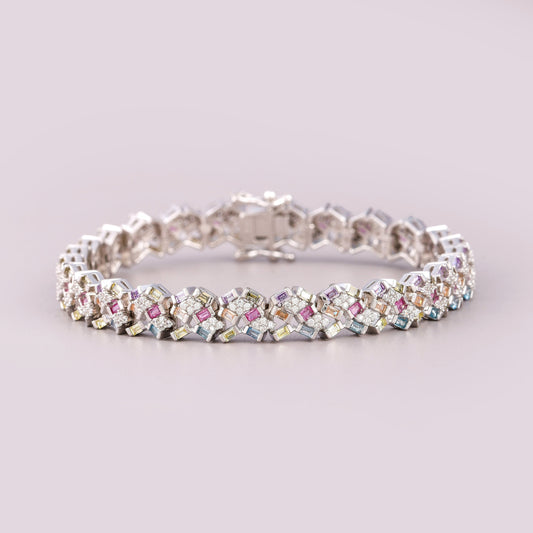 Multi-Color Gemstone Geometric Lattice Tennis Bracelet