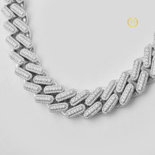 Full Pave Set Geometric Double Bar Link Chain Necklace with Lab Diamonds