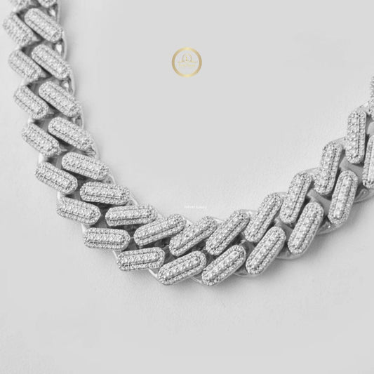 Full Pave Set Geometric Double Bar Link Chain Necklace with Moissanite