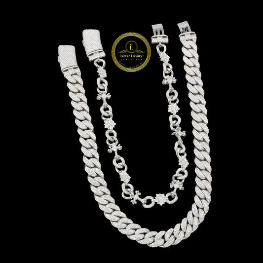 Full Pave Set Cross Motif Cuban Link Chain Necklace with Moissanite