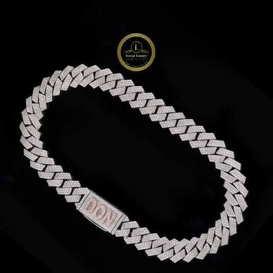 Custom DON Alphabet Clasp Straight Edge Cuban Link Chain Covered in Pave Moissanite Diamonds