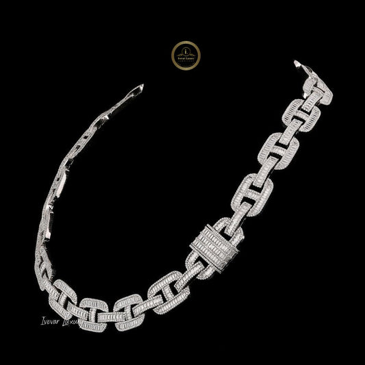 Baguette Moissanite Encrusted Mariner Link Chain Necklace with Pave Accents