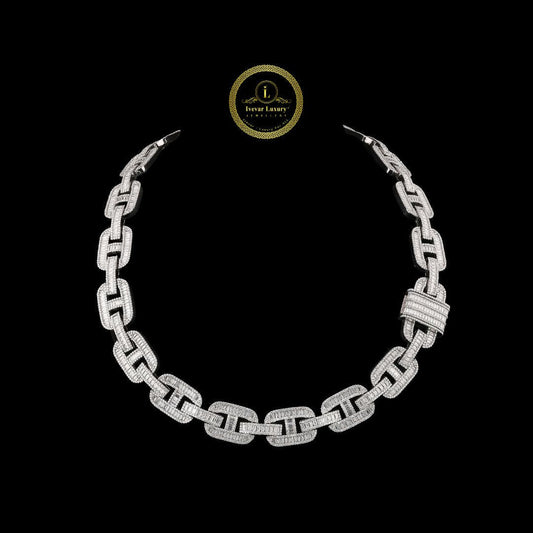 Baguette Moissanite Encrusted Mariner Link Chain Necklace with Pave Accents