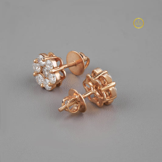 Luxury Rose Gold Floral Cluster Stud Lab Grown Earrings Featuring Brilliant Round Multi Stone Design