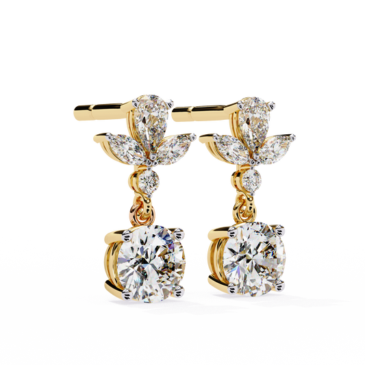 Elegant Pear and Marquise Cut Floral Cluster Drop Lab Grown Earrings with Round Solitaire Dangles