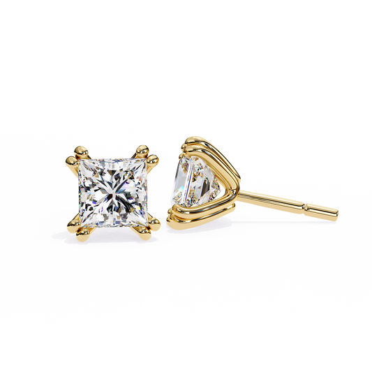 Premium Moissanite Created Princess Cut Diamond Earrings in Classic Gold Prong Mounts