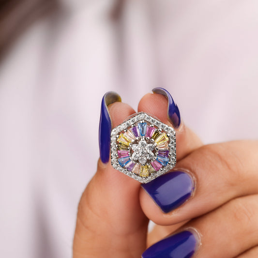 Baguette Colored Diamond Hexagon Halo Stud Earrings