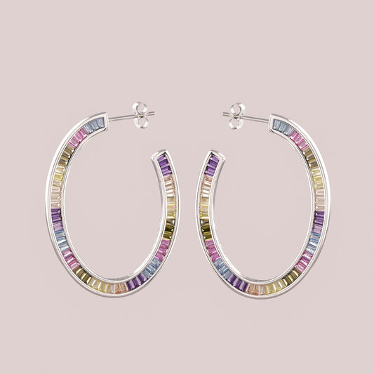 Colored Gemstone Baguette Diamond Hoop Earrings