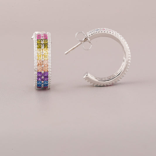 Rainbow Two Row Baguette Diamond Pave Hoop Earrings - view 2