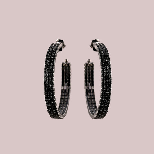 Black Diamond Triple Row Pave Hoop Earrings