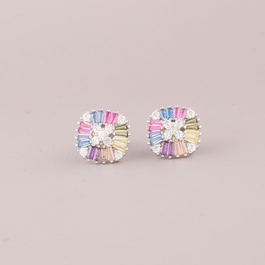 Sunburst Rainbow Sapphire Diamond Halo Stud Earrings