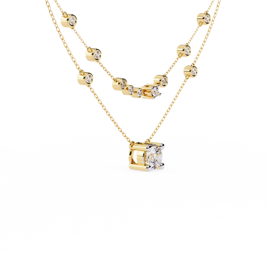 0.64 TCW Luminous Double Layer Lab Grown Necklace with Bezel Set Accents and a Brilliant Round Solitaire Pendant