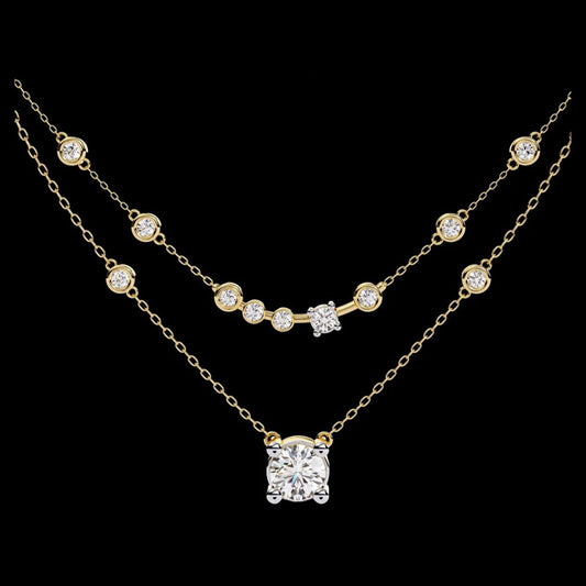 0.64 TCW Luminous Double Layer Moissanite Necklace with Bezel Set Accents and a Brilliant Round Solitaire Pendant