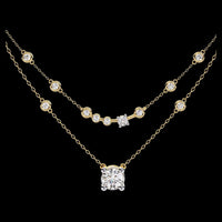Double Layer Diamond Station Necklace with Moissanite Round Solitaire