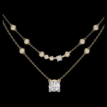 Double Layer Diamond Station Necklace with Moissanite Round Solitaire