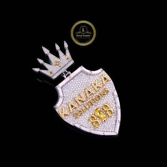 Custom Iced-Out Moissanite Diamond Shield Pendant With Two Tone Crown