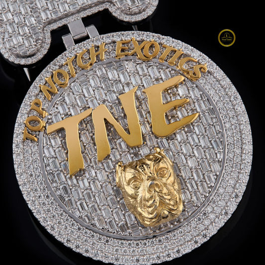 Custom TNE Lab Diamond Medallion Pendant With Dog Bone Bail In Two Tone Jewelry
