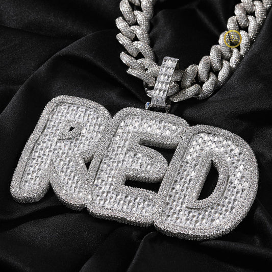 Custom Hip Hop RED Block Letter Moissanite Diamond Iced-Out Pendant