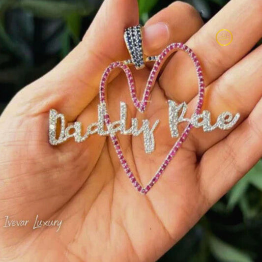 Personalized Daddy Bae Cursive Name Moissanite Diamond Pink Heart Pendant