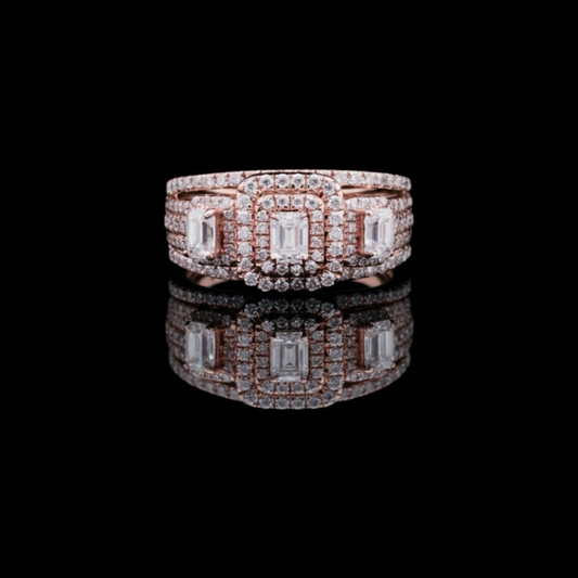 Three Stone Emerald Cut Moissanite Diamond With Double Halo Anniversary Ring