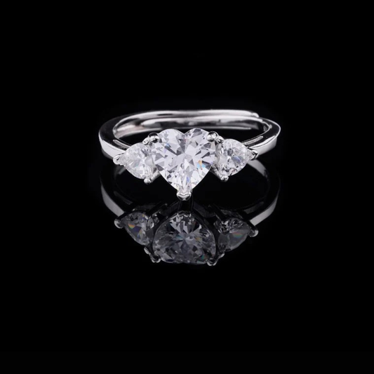 0.30 CT Engraved Elegant Silver Three Stone Heart Cut Lab Grown Diamond Ring For Loved One
