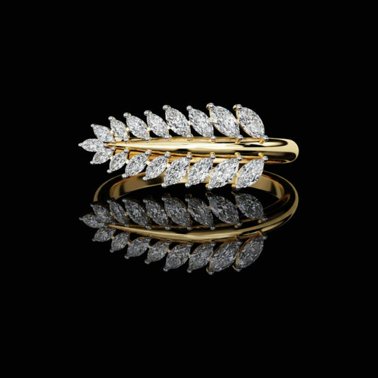 Marquise Cut Moissanite Leaf Wrap Ring with Yellow Gold Band