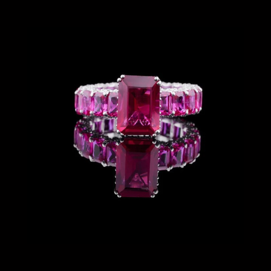 Emerald Cut Pink Lab Grown Full Eternity Gemstone Engagement Ring