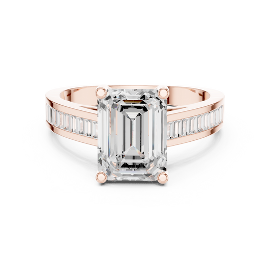 Emerald Cut Moissanite Diamond Ring With Baguette Channel Side Band