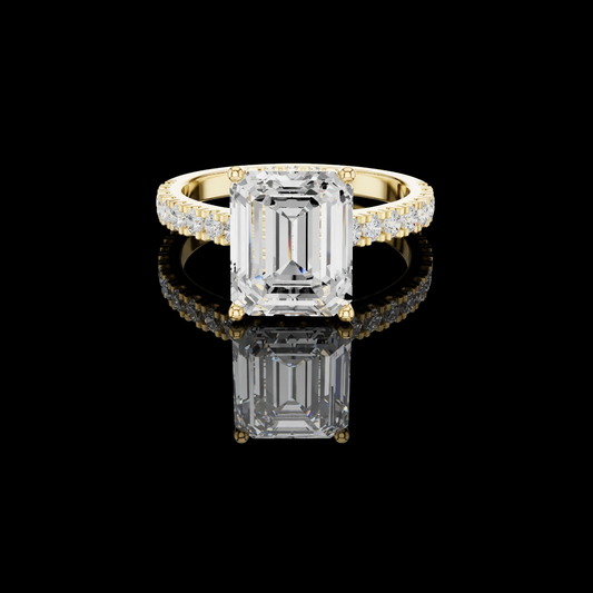 Emerald Cut Moissanite Diamond Solitaire Ring with pave Band