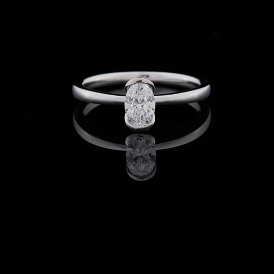 Elongated Oval Moissanite Diamond Solitaire Ring with Slim Band