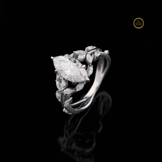 Marquise Cut Moissanite Solitaire Vine Ring with Leaf Diamond Accents