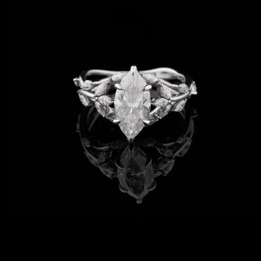 Marquise Cut Moissanite Solitaire Vine Ring with Leaf Diamond Accents