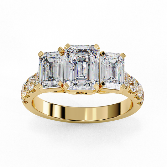 Three Stone Emerald Moissanite Diamond Engagement Ring With Emerald Side Stone