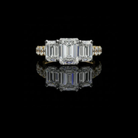 Lab Grown Three Stone Emerald Diamond Ring With Emerald Side Stone