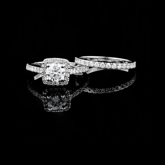Round Cut Moissanite Diamond Pavé Bridal Set with Split Shank Engagement Ring