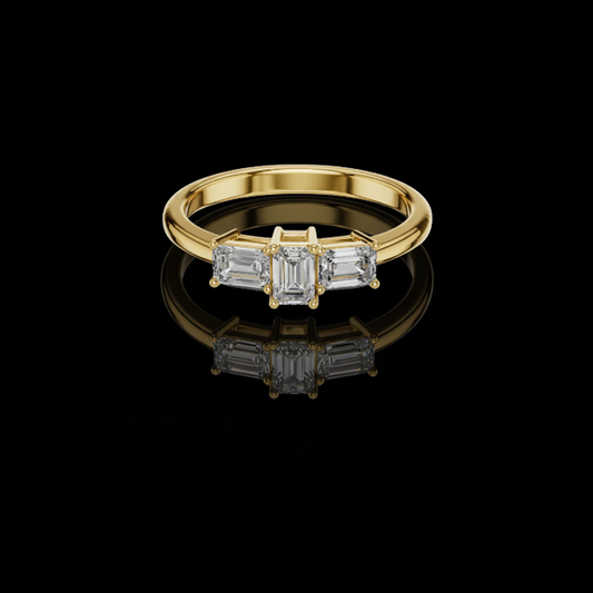 Emerald Cut Three Stone Moissanite Diamond Ring with Baguette Side Stones