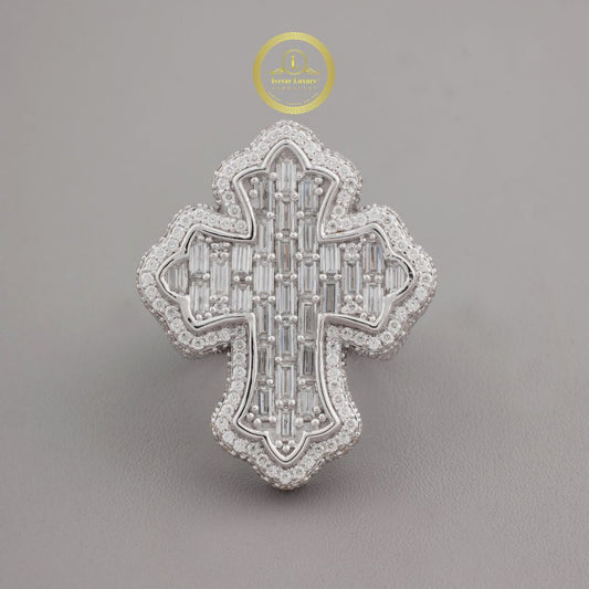 Baguette Lab Grown Diamond Cross Pendant Pave Halo Frame