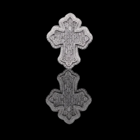 Baguette Lab Grown Diamond Cross Pendant Pave Halo Frame