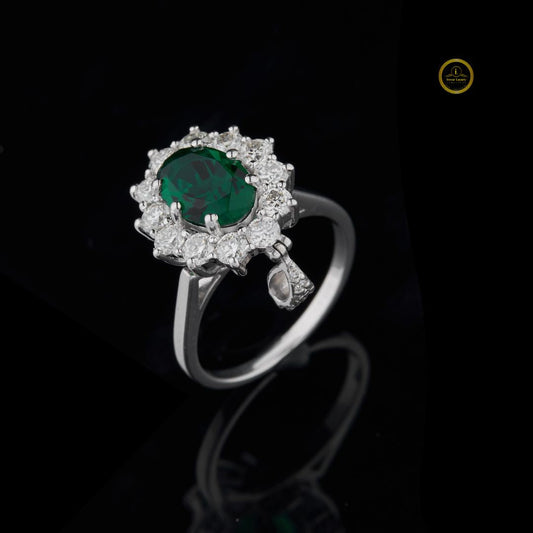 Oval Green Lab Grown Ring with Diamond Halo