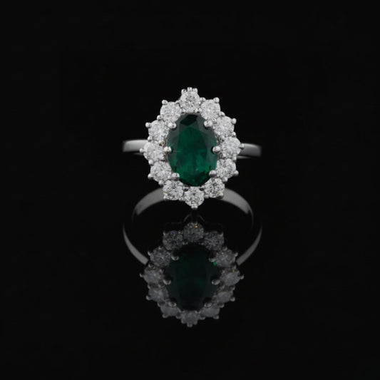 Oval Green Lab Grown Ring with Diamond Halo