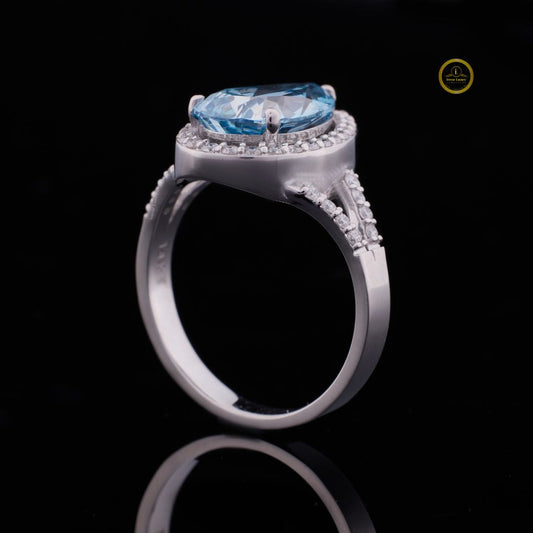Blue Pear Cut Lab Grown Halo Split Shank Ring