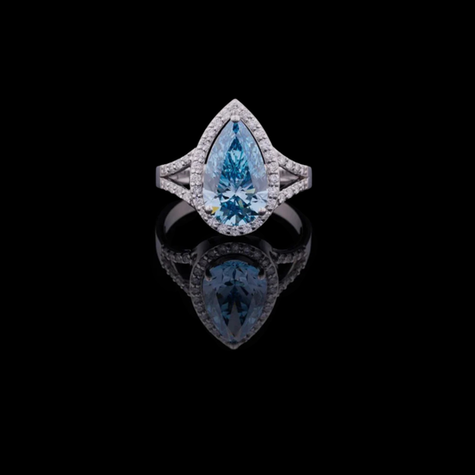 Blue Pear Cut Lab Grown Halo Split Shank Ring