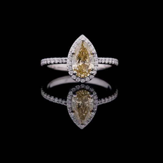 2.00 CT Dazzling Pear Shaped Fancy Vivid Yellow Lab Grown Diamond Ring Framed by a Brilliant Diamond