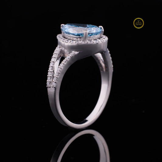 2.00 CT Gorgeous Fancy Vivid Blue Lab Grown Pear Cut Ring with Halo Diamond Accents & Elegant Split Shank Band