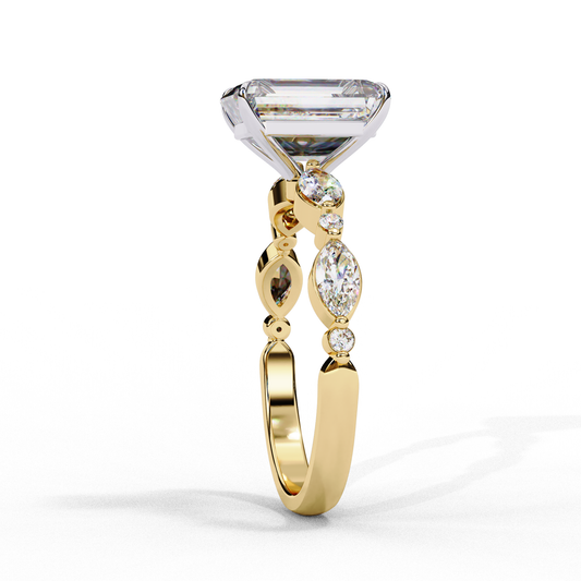 Emerald Lab Grown Engagement Ring With Marquise And Round Side Stones