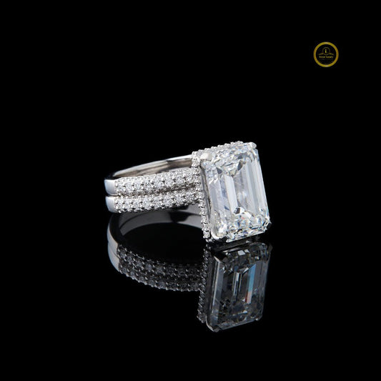 Emerald Cut Moissanite Diamond Hidden Halo Bridal Set with Pavé Wedding Band